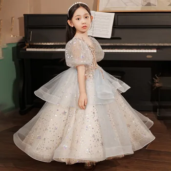 Baby Girls Sequined Long Dress Young Girls Puff Sleeves Ball Gown Children Princess Birthday Pageant Graduation Party Wear