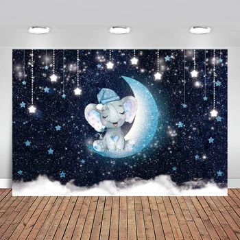 Blue Elephant Twinkle Little Star Fonas Glitter Starry Night Boy Baby Shower Gimtadienio fotografijos fonas