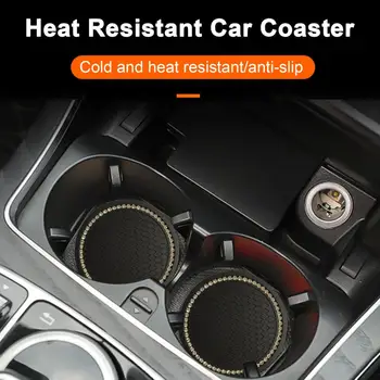 Car Cup Coaster with Bling Rhinestone Round Shape Cup Holder Insert Coaster Heat Insulation Mat Auto Water Cup Holder Mat