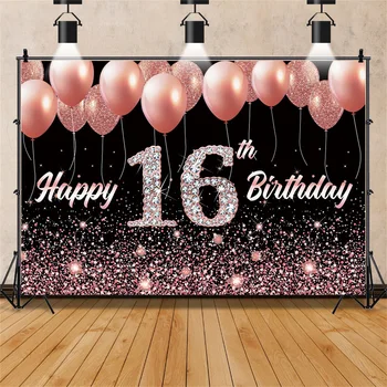 Custom Black Pink Balloon Diamonds Dots 16th Birthday Party Photographic Banner Photography Fonas Foto studijos dekoro rekvizitai