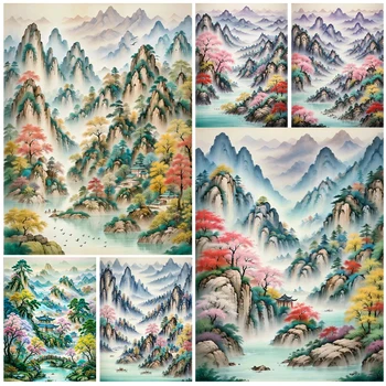 Deimantų meno tapyba Nauja kolekcija Kalnų krioklio peizažas Siuvinėjimas Mozaika Namų dekoras Kinų stiliaus Kryžiaus dygsnis WE1707