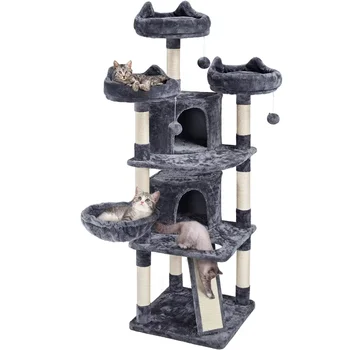 Easyfashion Didelis kačių medis Pliušinis bokštas su urvais Apartamentų platformos Draskyklė, tamsiai pilka