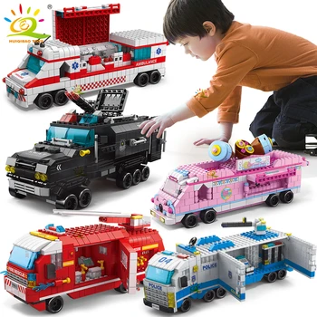 HUIQIBAO 1000PCS Eismo automobilių modelis statybiniai blokai Miesto automobilių autobusas Greitosios pagalbos kaladėlės Konstravimo žaislas vaikams Žaidimas vaikams