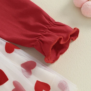 Infant Mažylis ilgomis rankovėmis Tutu suknelė Apvalus kaklas Širdies tinklelis Spausdinti 3D lankas Frill Princess suknelė mergaitei