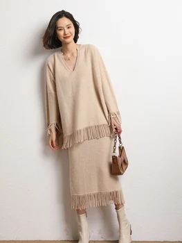 Kašmyras 2023 ruduo ir žiema Naujas moteriškas universalus personalizuotas sutirštintas vienspalvis puokštės megztas sijonas