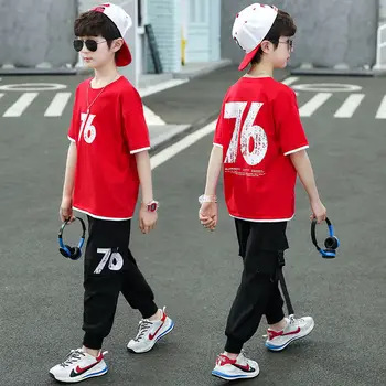 Kids Teens Boy Fashion Casual Clothes Sets Cotton Breathable Letter T-shirt Pants Sport Outfits Komplekts with Pants for Boy Clothes