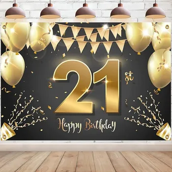 Laimingo 21-ojo gimtadienio reklamjuostės fonas 21 metų senumo juodo aukso fono dekoravimo vakarėlių reikmenys moterims vyrams Foto būdelės rekvizitai
