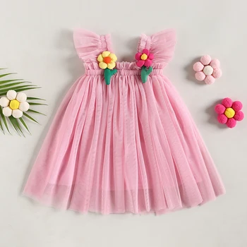 Mažylių mergaičių vasaros suknelė Gėlių dekoras Skristi rankovėmis Sluoksniuota tiulio suknelė Princesės vestuvinė suknelė Oficiali suknelė
