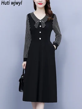 Rudens žiemos juoda marga dryžuota ilga suknelė Moterų mados prašmatnus lankas Elegantiškos suknelės 2023 Korėjietiška Bodycon vakarinė suknelė