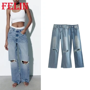 TRAF 2023 Summer Women Casual Denim Pants Zipper High Waist Pockets Loose Long Button Ripped Jeans Fashion Female Solid Kelnės