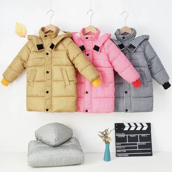Žieminiai drabužiai mergaitėms Grotelės Kišeninis gobtuvas Ilgos striukės vaikams 2024 m Naujas šiltas paltas berniukams vaikams Parkas paltas
