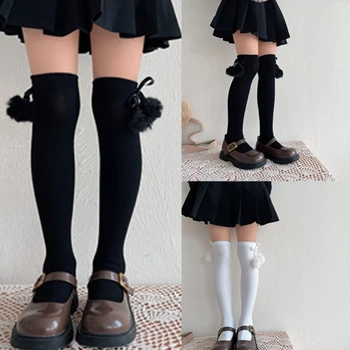 1 Pora mergaičių kelių kojinių Baby Long Kojinės su Lovely Bowknot Pom Pom Detail