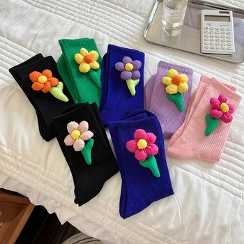 1 Pora moteriškų kojinių Japoniško korėjietiško stiliaus animacinis filmas Gėlių saldainių spalva Harajuku Kawaii Vidutinio vamzdžio kojinės Kvėpuojančios laisvalaikio trumpos kojinės