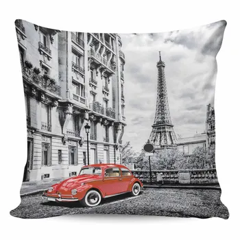 2/4PCS Neperšlampamas pagalvės užvalkalas Raudonas senovinis automobilis Paryžiaus bokšto gatvės aikštė Mesti pagalvės užvalkalas Namų apdaila Sofos pagalvėlės užvalkalas