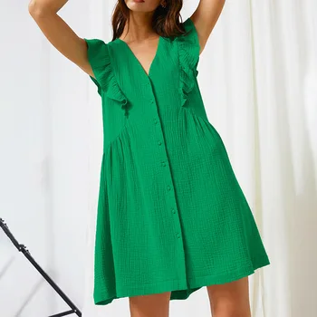 2023 Casual Comfort Moteriška suknelė 100% medvilninė V formos kaklo skraidanti rankovė Vasarinės A linijos elegantiškos suknelės Žalia viengulė mini suknelė