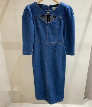 2023 m. pavasario vasara Retro Hollow Out džinsinė suknelė Moteriškos pūstos rankovės Plonas užtrauktukas Ilgos suknelės A-line