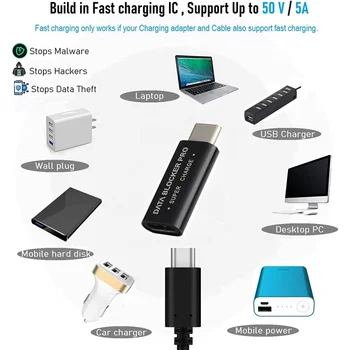2PCS C tipo USB duomenų blokatorius USB-C sulčių lizdo gynėjas Adapterio palaikymas Greitas įkrovimas (50V / 5A) Sustabdyti duomenų vagystę (sidabras)