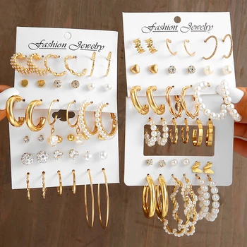 36 poros Vintažinės aukso spalvos perlų lankų auskarų rinkinys moterims mergaitėms Zirkono širdies rato karoliukų auskarai Jewerly madingi aksesuarai