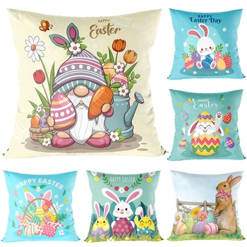45x45CM Happy Easter Cushion Cover Cute Bunny Eggs Pillow Cover Easter Rabbit Pillowcase Home Decorative 2024 Throw Pillow Case