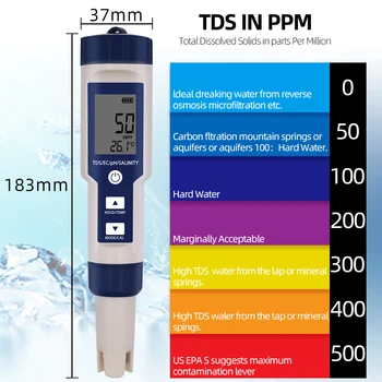 5 in 1 vandens kokybės testeris skaitmeninis matuoklis vandens kokybės analizatoriaus detektorius PH / TDS / EC / temperatūros / druskingumo bandymas IP67