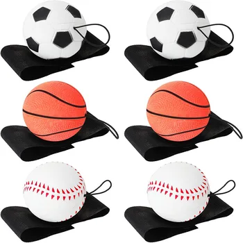 6 vnt. Riešo grąžinimo kamuolys Sportinis riešo kamuolys apima krepšinį, beisbolą ir futbolą ant virvelės guminio atšokusio kamuolio apyrankės