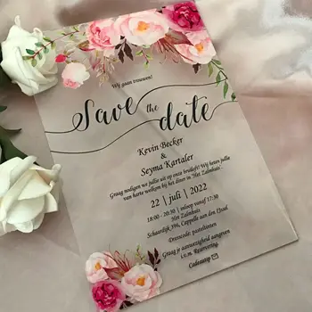 akrilinis kvietimas vestuvėms, skaidri minkšta PVC kortelė, pasigaminkite savo, bijūnų, rožių dizainą, išsaugokite datą, 10VNT