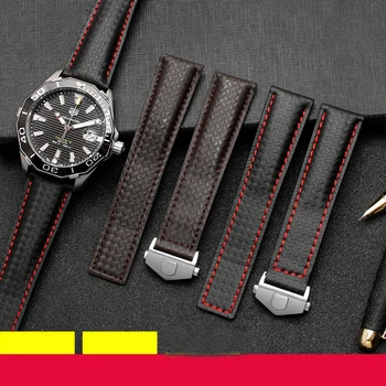 Anglies pluošto tekstūros natūralios odos apatinė laikrodžio juosta TAG apyrankei vyriška juoda su raudonos linijos dirželiu 20mm su sulankstoma sagtimi