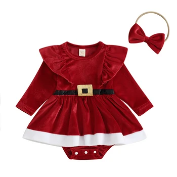 Baby Girls 2Pcs Kalėdinė apranga Ruffle Romper suknelė ilgomis rankovėmis + galvos juostos komplektas Kalėdų senelio kostiumas