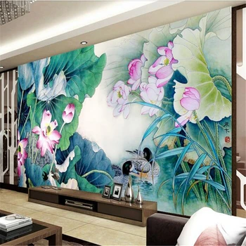 beibehang pasirinktinė freska neaustinė 3D kambario tapetų lipdukas Rašalo tapyba lotoso mandarinų anties nuotrauka 3D sienų freskos tapetai