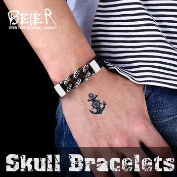 BEIER Punk Charm Bangle Man's High Quality Genes Chain Style Vitage Skull Leather Bracelet, For Man Jewelry BC-L037