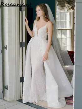 Blizgančios blizgančios nėrinių aplikacijos Gilios V formos kaklo undinės vestuvinės suknelės Nuimamas traukinys Be nugaros Boho nuotakos chalatai