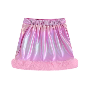 Bmnmsl Kids Girl Mini sijonai Holografinis pliušinis kirpimas Aukštas elastingas juosmens trumpi sijonai Fall Casual Pencil Sijonai