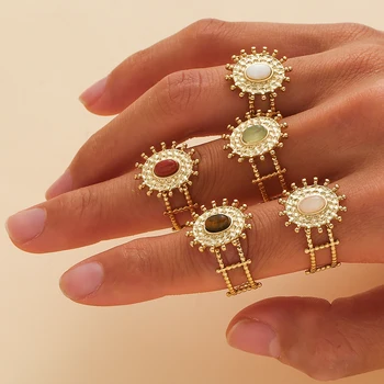 Boho padengtas natūralaus akmens saulėgrąžų žiedas moterims Akmens piršto žiedas Reguliuojamas nerūdijančio plieno žiedas Mados papuošalų vakarėlio dovana