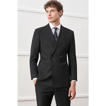 British Style Black Double Breasted Casual Business Vyriškas oficialus kostiumas Bridegroom Vestuvinė banketinė suknelė Liemenė Paltas Kelnės
