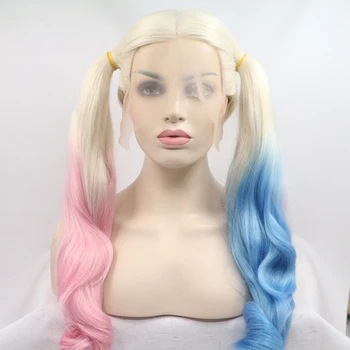 Cosplay nėrinių priekis karščiui atsparus perukas blondinė šaknis rožinė ir mėlyna ponytail mados merginoms Natura plaukų linija