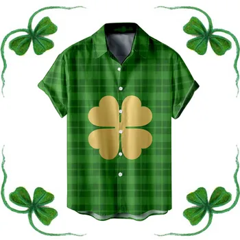 Dobilų palaidinės St-Patrick-Day marškinėliai Airių-Nacionalinės dienos marškinėliai Trumpomis rankovėmis Lapel-Neck Tops Vyrai Green Irish-Festival Chemise 