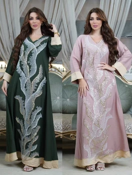 Eid Jalabiya Blizgučiai Musulmonų vakarėlio suknelė moterims Abaya Suvarstomos arabų Abayas ilgos suknelės Chalatas Moteris Elegantiškas Ramadanas Vestidos
