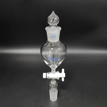 FAPE sferinio skiriamojo piltuvo forma, su įžemintu stikliniu kamščiu, 60 ml -1000 ml, jungtis 24/29, PTFE jungiklio vožtuvas