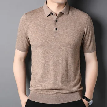 Free Shipping Plus Sie 100% vilna vyriški polo marškiniai gryna vilna marškinėliai trumpomis rankovėmis aukštos kokybės vienspalvis megztinis