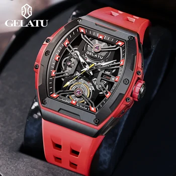 GELATU Top Brand Original Luxury Automatic Watch for Men Waterproof Date Tonneau Skeleton Sapphire Crystal Silicone rankinis laikrodis