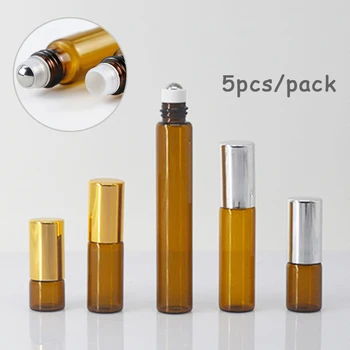 HEALLOR 5Pcs/Pack 3ml 5ml 10ml Amber Roll On Roller Bottle for Essential Oils Pakartotinai užpildomų kvepalų buteliukų dezodorantų indai