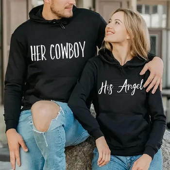 Her Cowboy/His Angel Couples Hoodies New Fashion Women Men Hooded Pullover Lover Spring Winter Tops Couples Honeymoon Sweatshirt