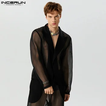 INCERUN 2023 Vyriški Blazer Mesh Transparent Lapel Long Sleeve One Button Casual Suits Streetwear Fashion Unisex Thin Coats S-5XL