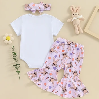 Infant Baby Girl Velykų apranga Hip Hop Letters Marškinėliai trumpomis rankovėmis Romper Bunny Flare Pants Set Mieli Velykiniai drabužiai