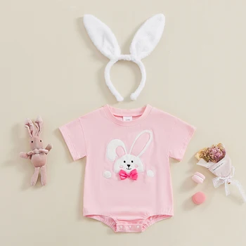 Infant Baby Girls Easter Bunny Romper Smėlinukas trumpomis rankovėmis Kombinezonas Galvos apdangalas Vasaros apranga