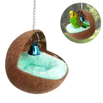 Kokosų paukščių lizdas Natūralus kokosų slėptuvė Paukščių namelio lova su šiltu padu gekono papūgai Lovebird Finch žiurkėno žaislinis lizdas