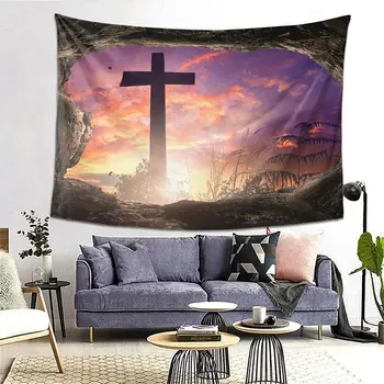 Krikščioniškos Velykos Jėzus Kristus Viešpats Kryžius Religinis saulėlydžio gobelenas Jogobelai Gobelenai Sieniniai kabantys namų dekoravimas 80 x 60 colių