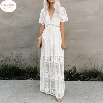 LINXIQIN 2024 Vasaros Boho moterys Maxi suknelė Laisvi siuvinėjimai Balti nėriniai ilgas Tunika Paplūdimio suknelė Atostogos Moterys Apranga