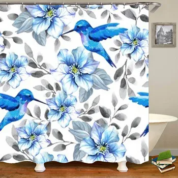 Madinga akvarelė Mėlyni kolibriai Paukščių dušo užuolaida vonios kambariui Papūga Laumžirgio gėlės Gėlių vandeniui atsparios vonios užuolaidos