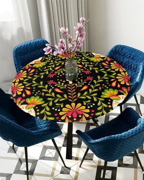 Meksikos geometrinių gėlių paukščių apvali staltiesė Elastinga stalo danga Vidaus lauko vandeniui atsparus valgomojo stalo dekoravimo priedas